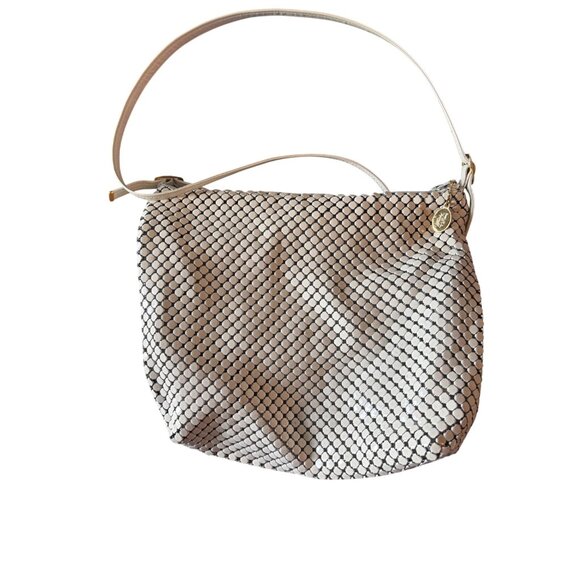 Whiting & Davis Metal Mesh Shoulder Bag Leather Strap Gold Charm 70s Y2K Disco - Picture 13 of 13